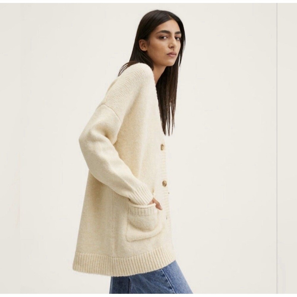 Mango MNG Women’s Oversized Wool Blend Cardigan Size S Knit Cream Button Front